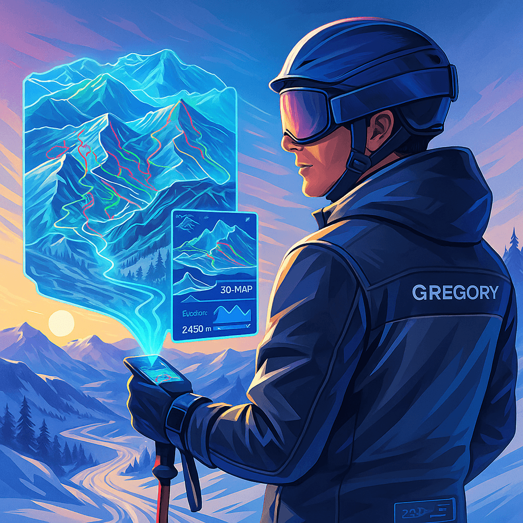 Professional skier with Gregory branding using Bonvo Ski 3D mapping technology in stunning mountain setting