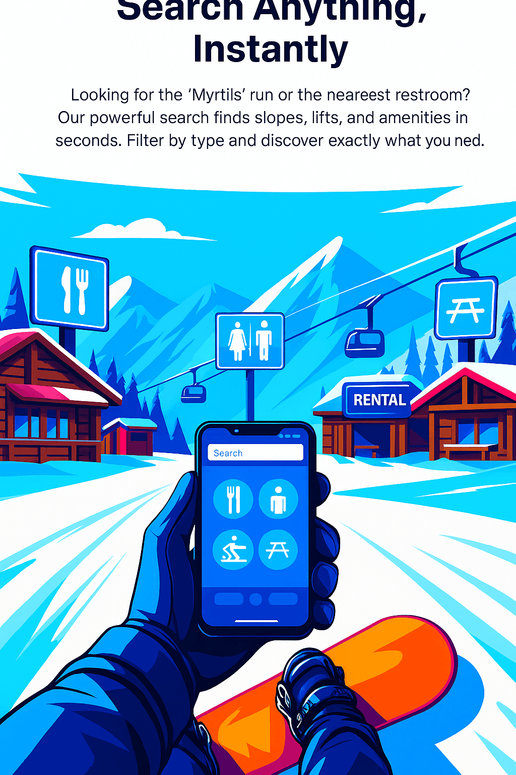First-person view of skier using mobile search interface to find resort amenities with mountain lodge backdrop