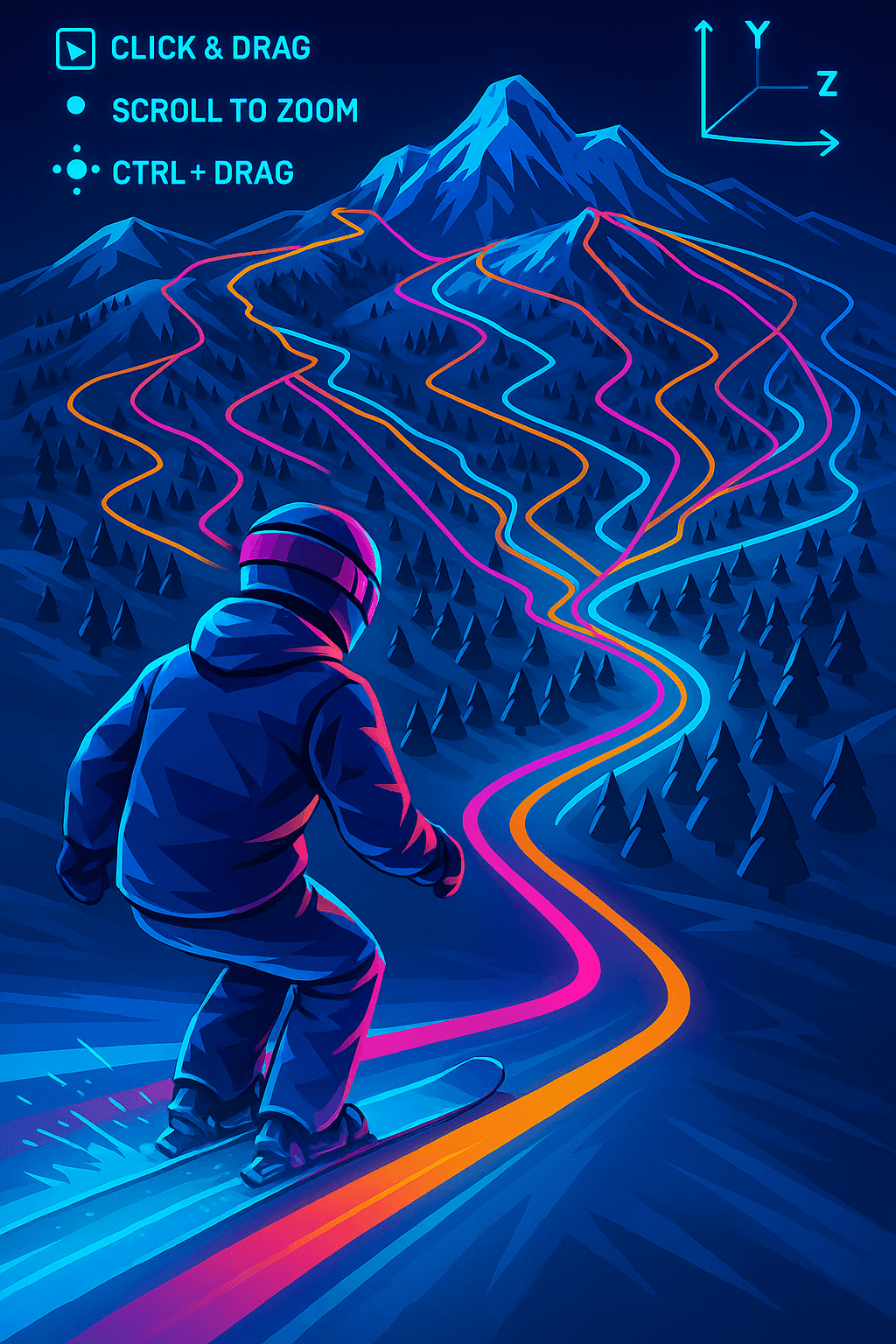3D Navigation Controls Demo showing skier with colorful trail lines and control instructions