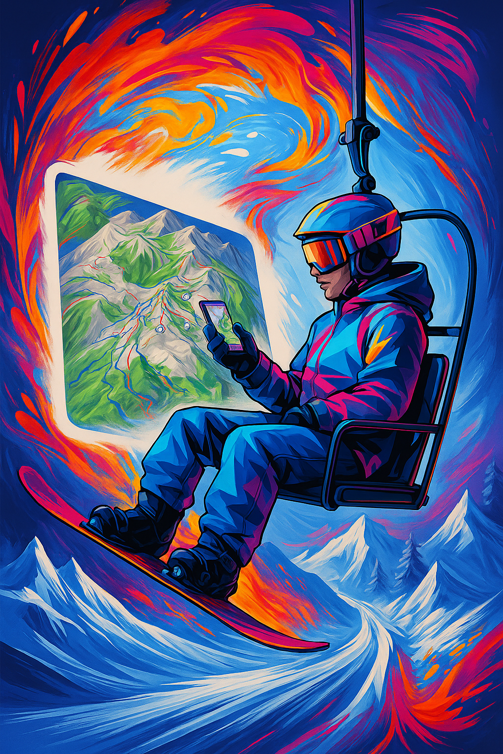 Skier on chairlift using 3D ski map on mobile device with vibrant mountain backdrop