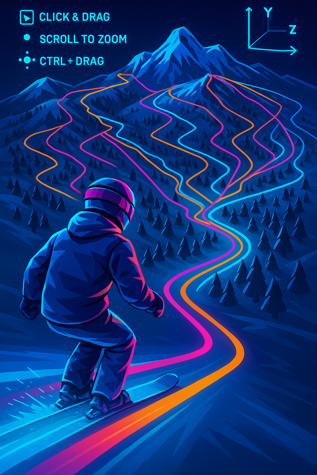 3D Navigation Controls Demo showing skier with colorful trail lines and control instructions