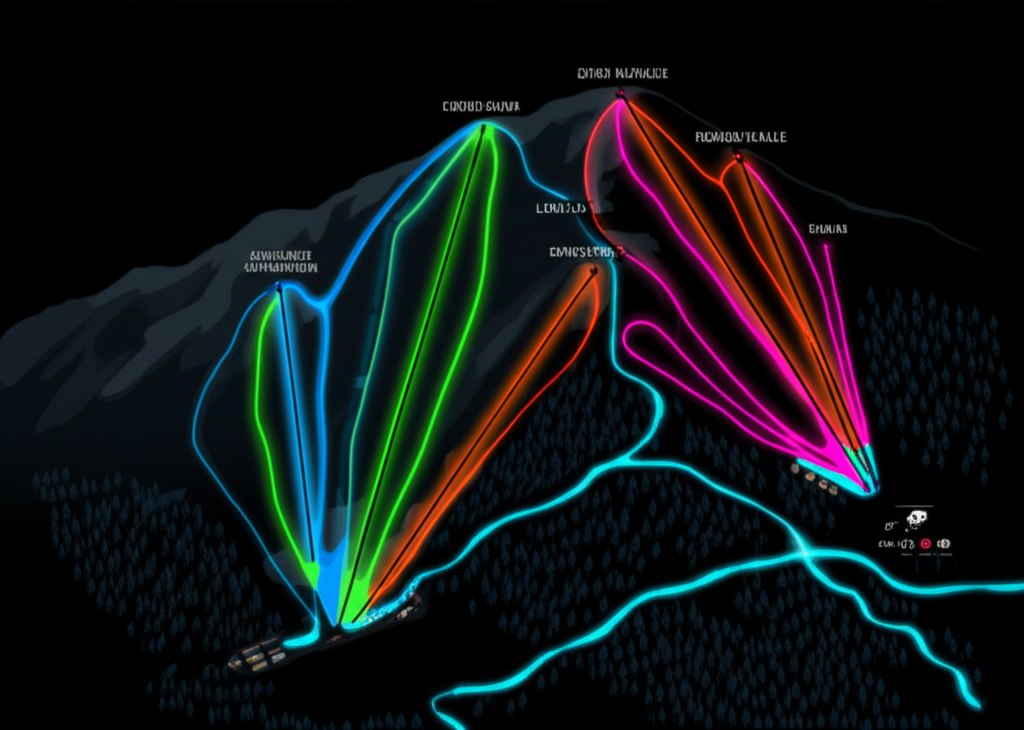 Dark theme ski resort map with neon colored runs and night mode design