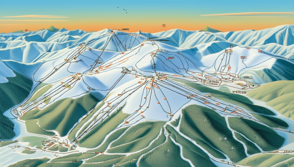 Classic topographic ski resort map with contour lines and elevation markers