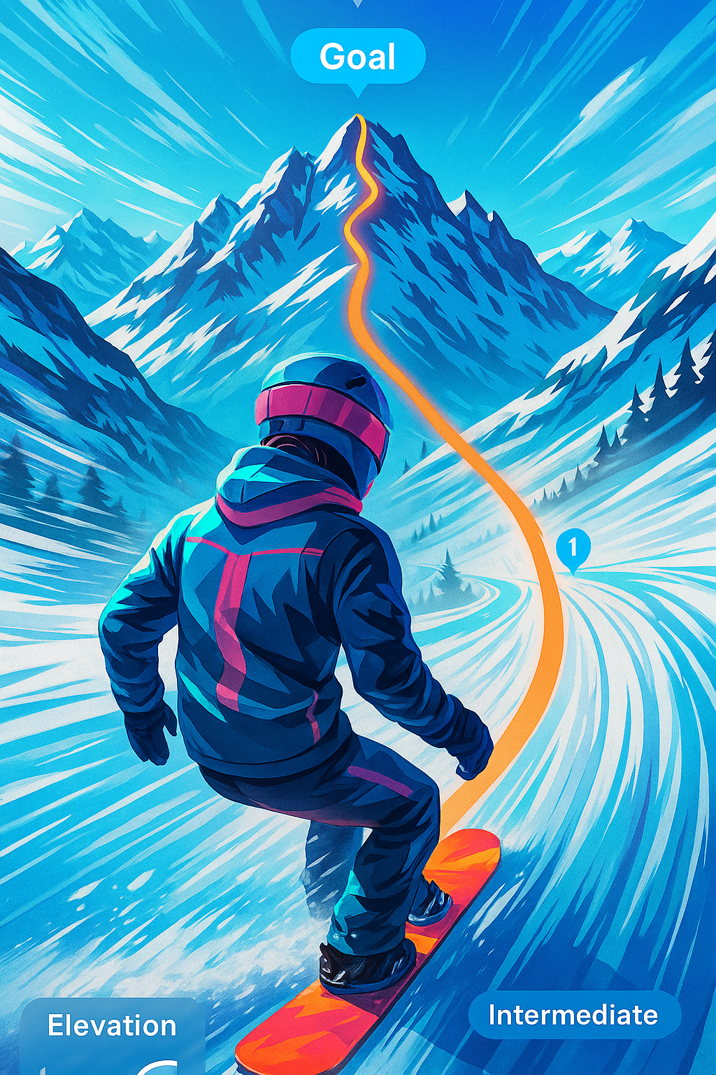 Snowboarder following optimized route with elevation tracking and goal markers on mountain slope